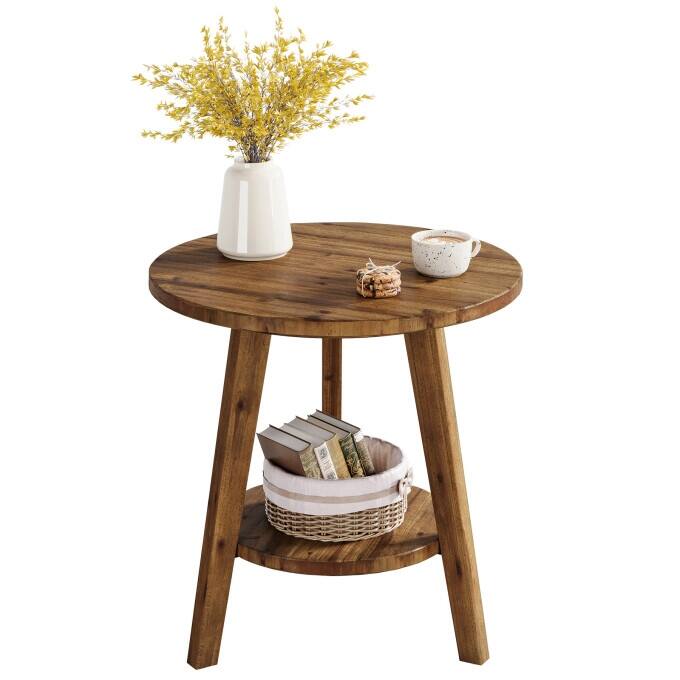 2-Tier Solid Wood Side Table, Circular End Table, Rustic Bedside Table