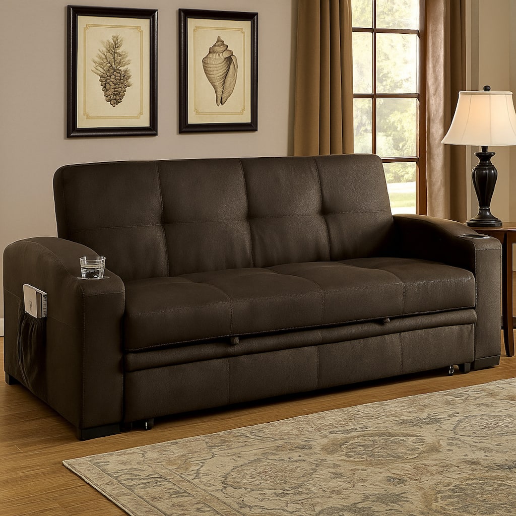Futon Sofa, Brown Fabric Upholstery, Pull Out Base, Button Tufting