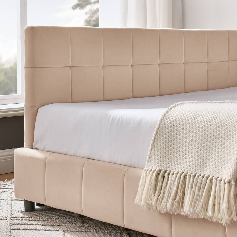 Corner Day Bed Frame, Upholstered Velvet Wooden L-Shaped Sofa Bed with Tufted Design & Wood Slats, Modern Floor Platform Bed