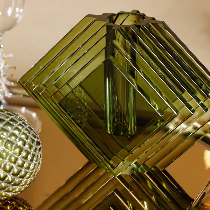 Crystal Glass Vase with Stacked Concentric Diamond Motif