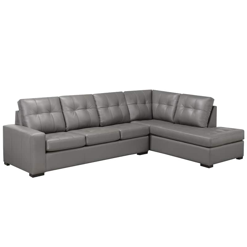 Liam Top Grain Leather Tufted Sectional Chaise Sofa - Light Grey - Right Facing