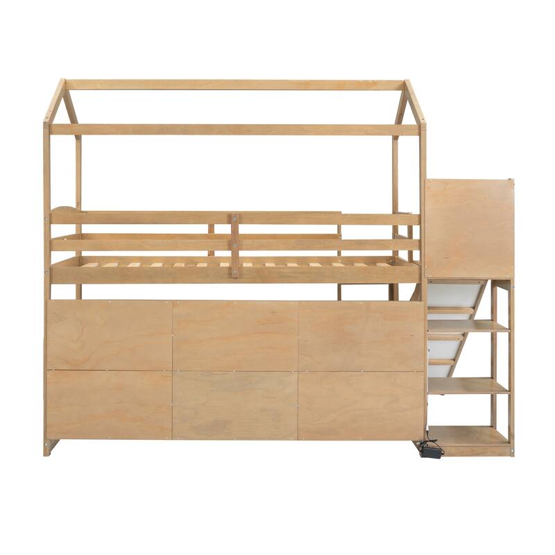 Twin House Loft Bed with Slide, Shelves, and Light for Kids