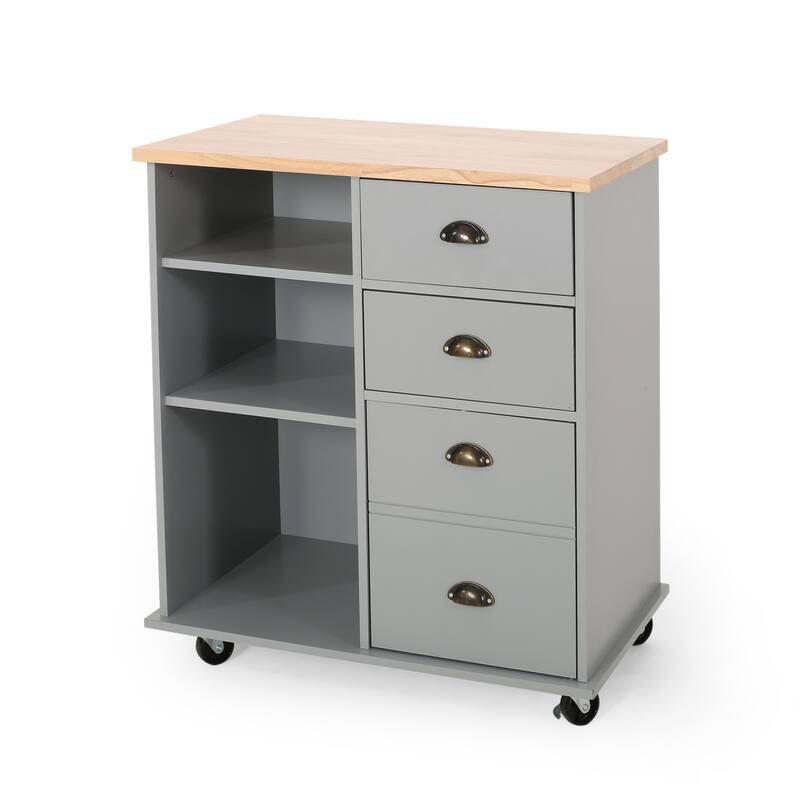 Fixed Wheel Rolling Modern Kitchen Utility Cart with 2 Drawers, 1 Cabinet, 3 Shelves and Rubberwood Top, Gray