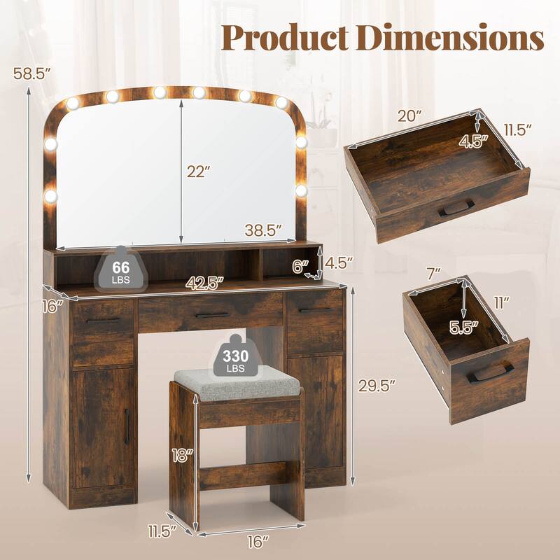 Costway Vanity Desk Makeup Table with with Stool Large Mirror 3-Color - See Details