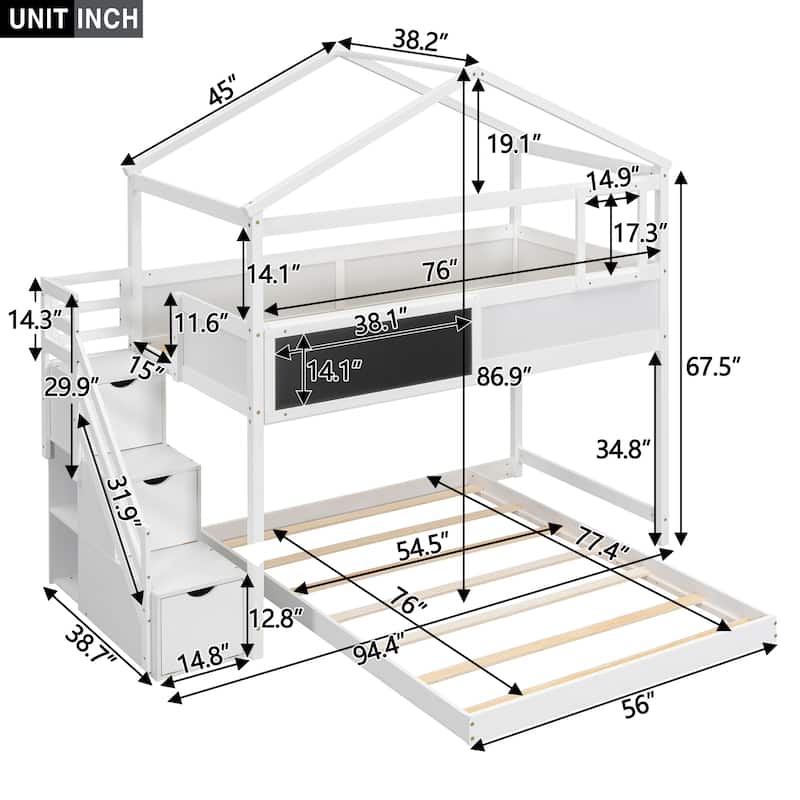 Twin over Full House Bunk Bed with Storage Staircase and Blackboard,Gray(Old SKU: GX001701AAE) - N/A