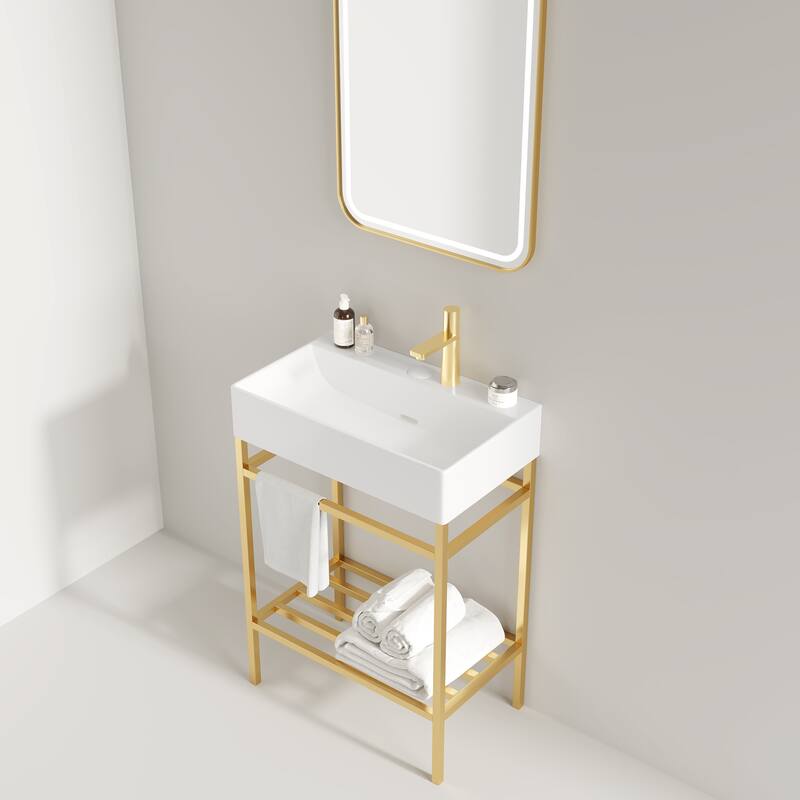 GDF Studio - Lofi 24" Bathroom Vanity with Glossy White Rectangular Ceramic Basin & Open Metal Leg, WITHOUT Faucet - Gold