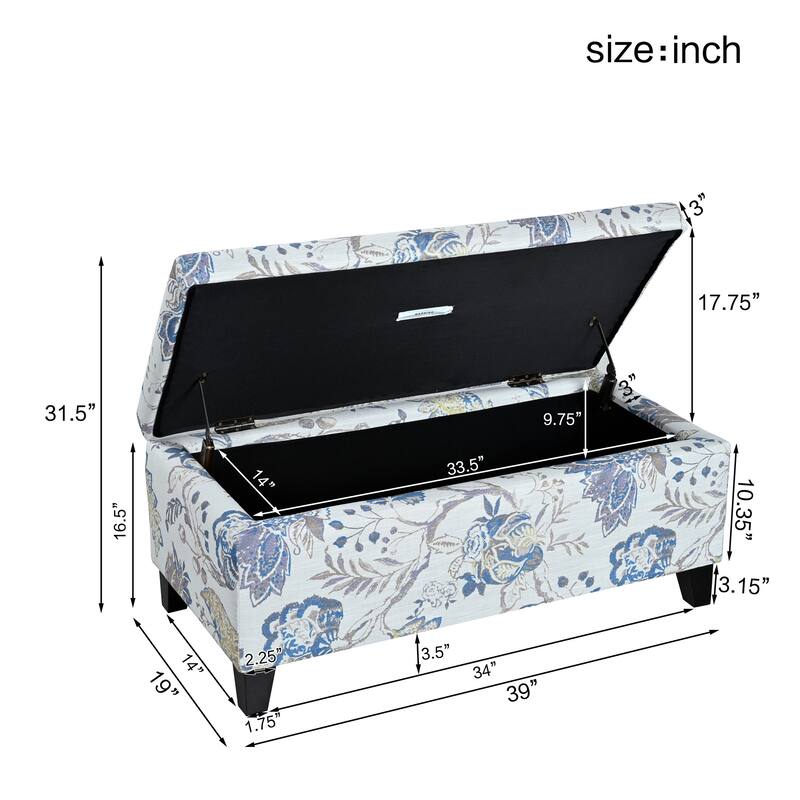 Luxury Storage Ottoman with Floral Patterned Fabric Soft-Close Hinges