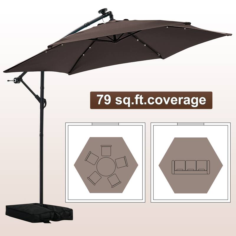 Autlaycil 10ft Offset Hanging Market Patio Umbrella With Base&Solar Lights