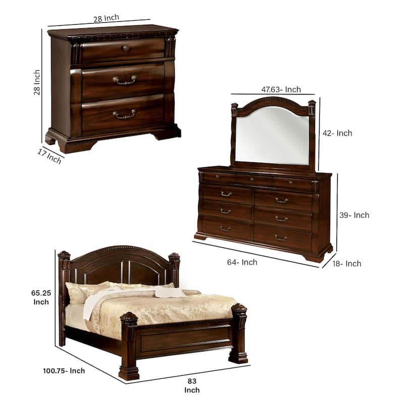 Koi 4 Piece California King Bedroom Set, Intricate Trim, Post, Cherry Brown Wood