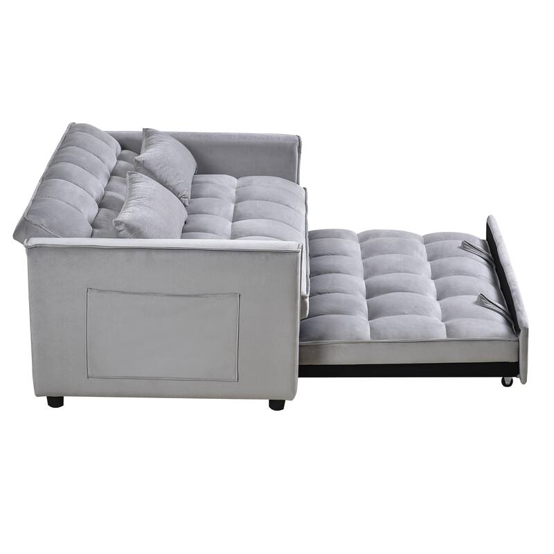 Anmytek Convertible Sleeper Sofa Bed Pull Out Couch Velvet Loveseat Futon with Pillows and Pockets for Living Room Grey
