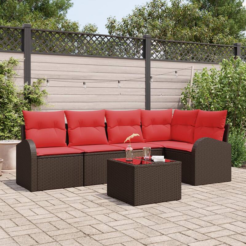 vidaXL 5/6 Garden Sofa Set with Cushions Black/Brown/Grey Poly Rattan - 92.1 x 48.8 x 27.2 - Brown with table