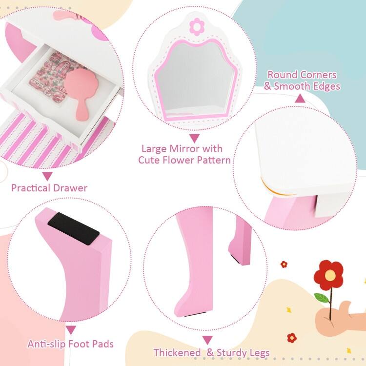 2-in-1 Toddler Vanity Set with Detachable Top & Cute Flower Patterns - N/A
