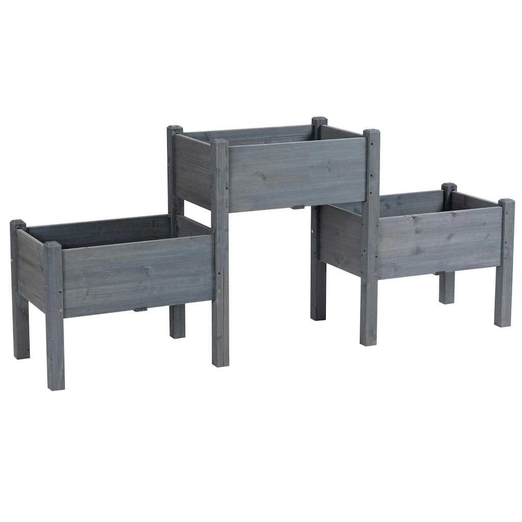 Raised Garden Bed with 3 Planter Box, Elevated Wooden Plant Stand with Drainage Holes, for Vegetables, Herb and Flowers, Gray