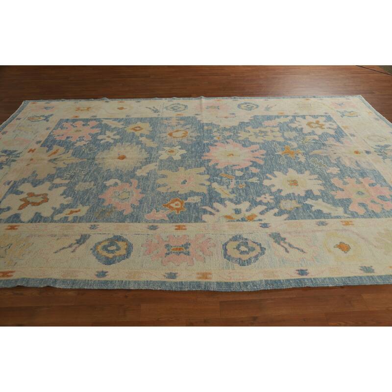 Hand Knotted Oriental 100% Wool Carpet Transitional All-Over Navy Blue & Blues Oushak Area Rug - 11' 8'' X 7' 8''
