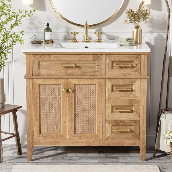 Cane Woven Doors Bathroom Vanity Cabinet with Ceramic Sink, 36 Inch - Bed  Bath & Beyond - 42691387