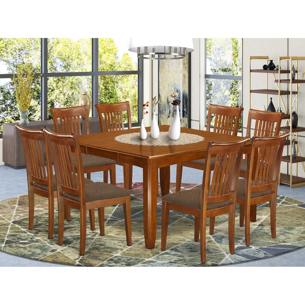 Dining Room Set 9 Piece Table with 8 Chairs - Linen Upholstered, Saddle Brown, 54x54 Inch