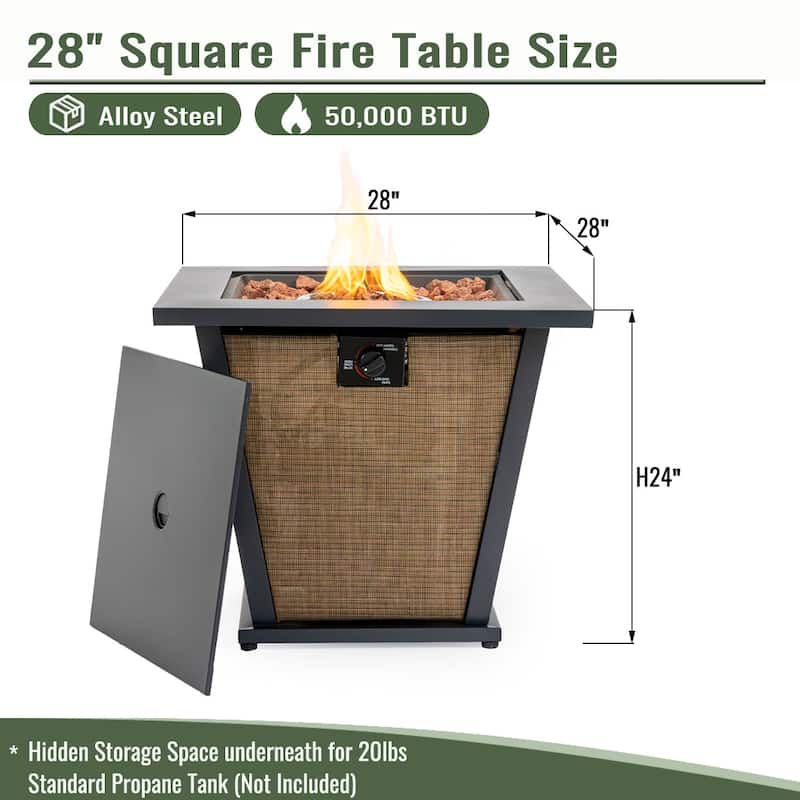 28" Propane Square Steel Gas Fire Pit with 50000 BTU