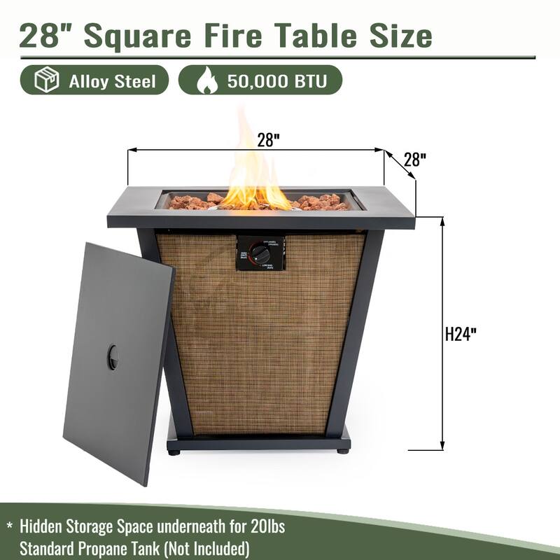 GDFStudio - Modern Outdoor 28" Propane Gas Fire Pit Table with Hidden Tank Storage & Removable Steel Lid, Cover Included