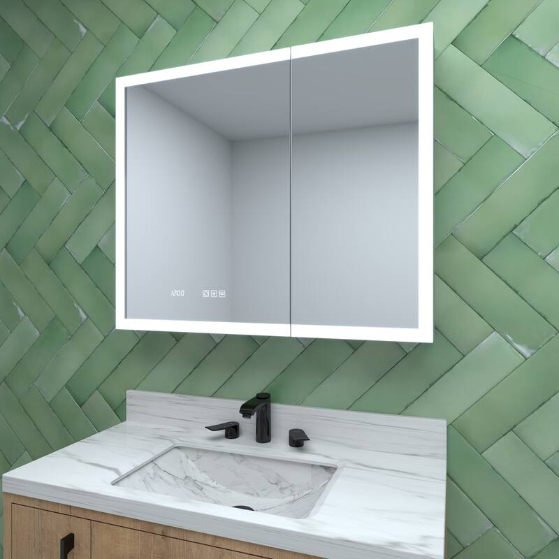 Rectangular Aluminum Recessed/Surface Mount Medicine Cabinet in Silver with Mirror LED and Clock