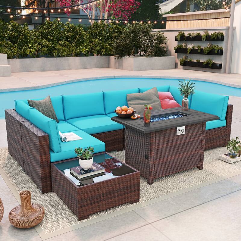 Outdoor 8 Pieces Sectional Wicker Sofa Set with Fire Pit - Brown/Blue