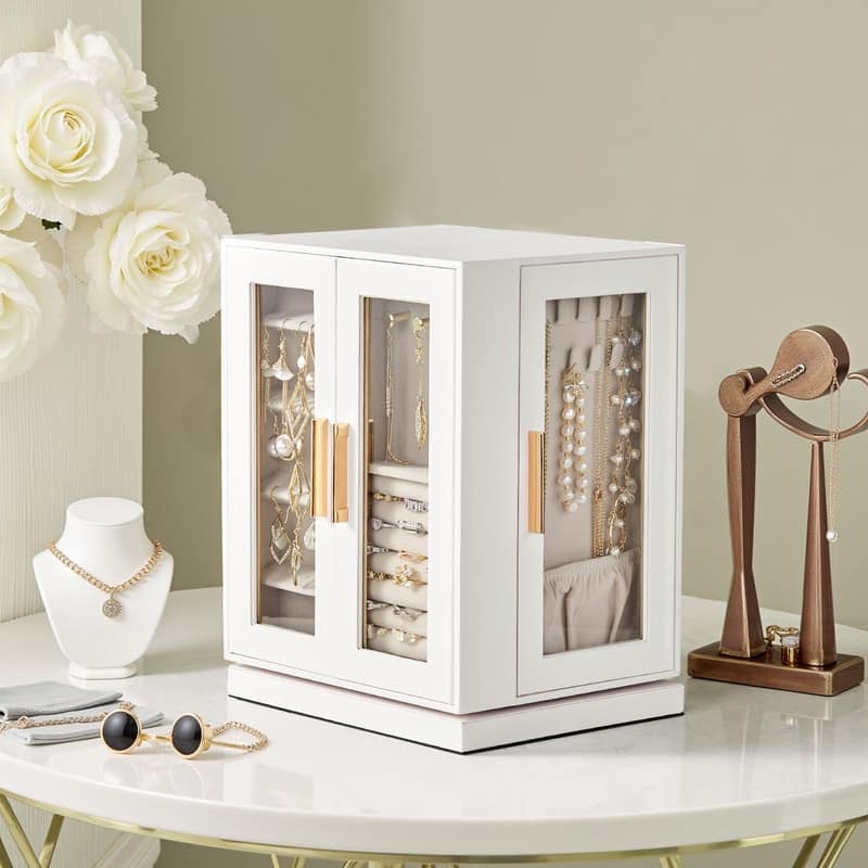 FCH Quad View with Storage 5 Drawers Rotatable White Cabinet Pink Velvet Jewelry Case - White