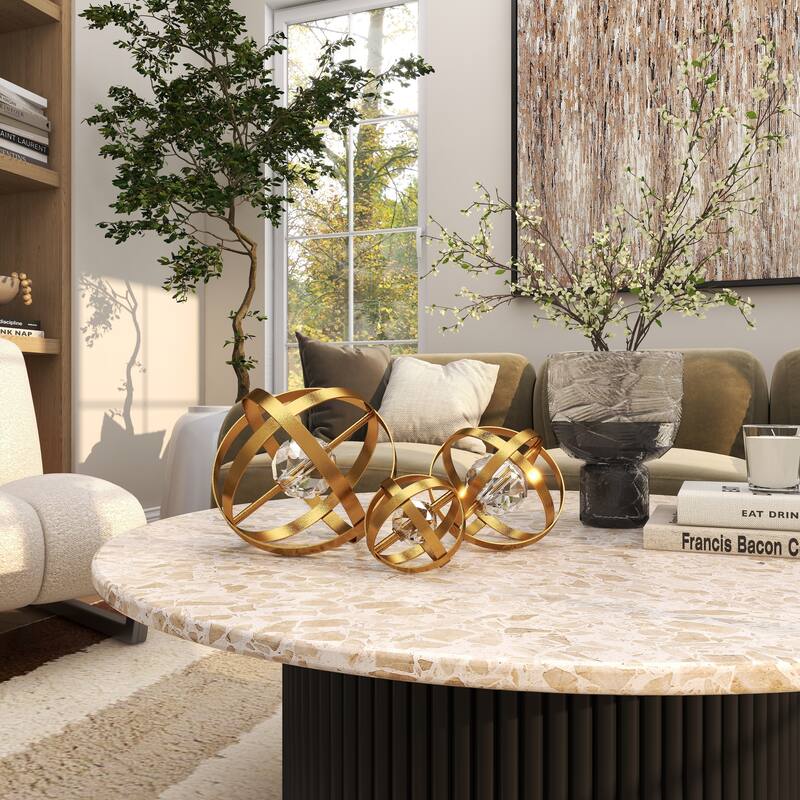 Metal Geometric Orb Decorative Sculpture with Acrylic Center - Set of 3 Gold or Silver - Roche River Decor