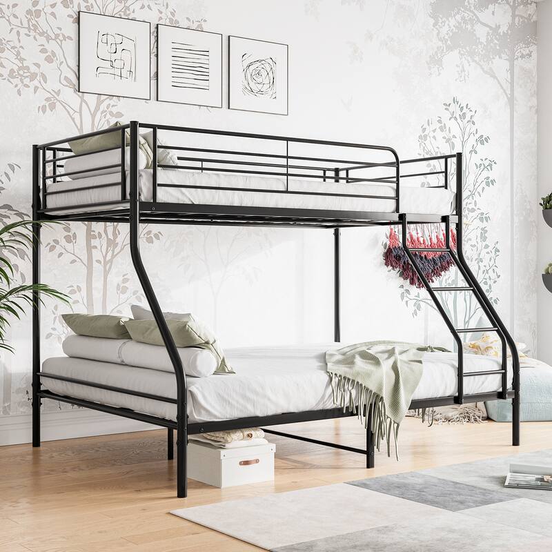 Sturdy Metal Twin-Over-Full Bunk Bed Frame with Safety Guardrails and Inclined Ladder, No Box Spring Required