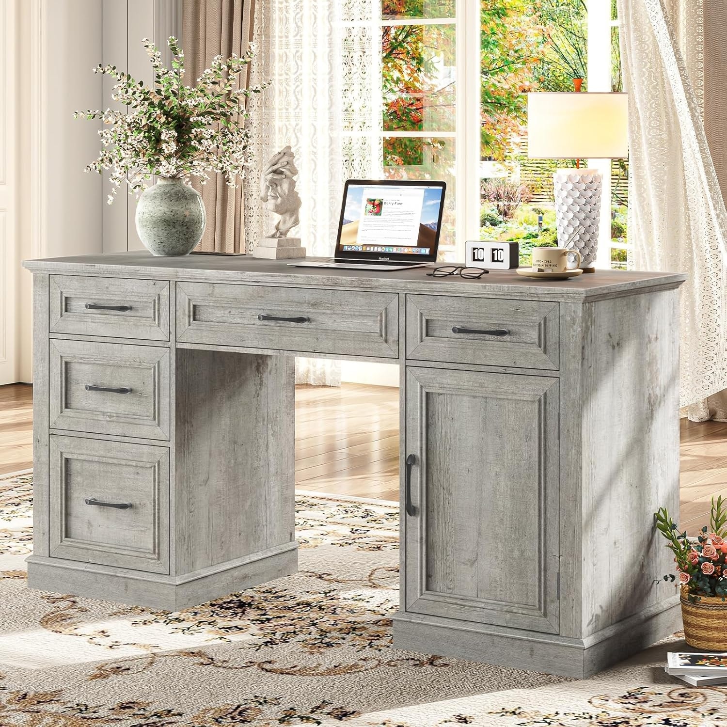 59'' Executive Desk with Charging Station, 5 Drawers, Storage Cabinet, Grey