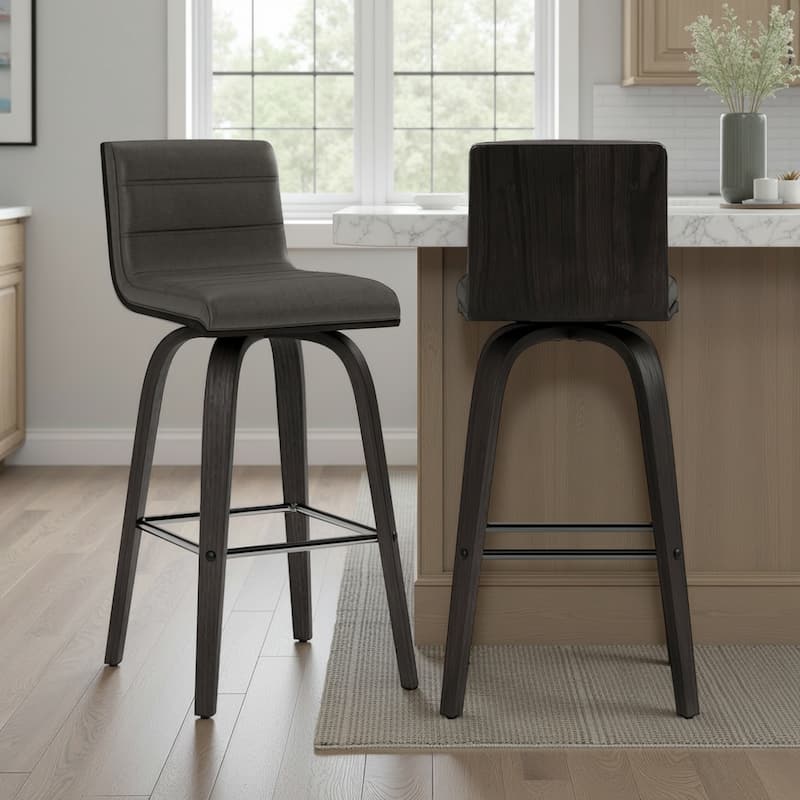Skara Mid-Century Swivel Counter Stool, Upholstered Counter Height Chair with Bentwood Legs - Grey & Black - Set of 2