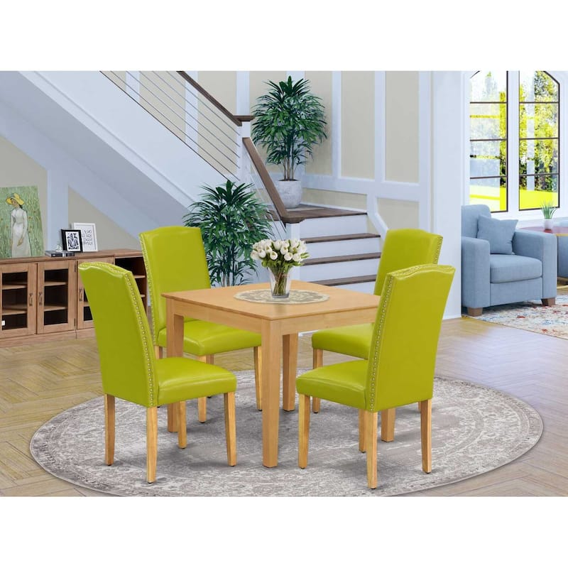 Victorian Dining Set 5Pc Square Table & Chairs - Green PU Leather Oak Legs - 36 Inch