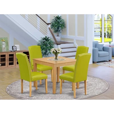 Victorian Dining Set 5Pc Square Table & Chairs - Green PU Leather Oak Legs - 36 Inch