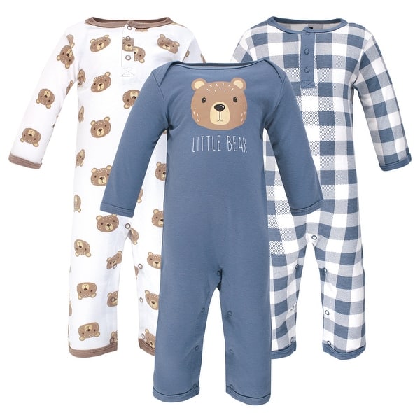slide 1 of 1, Hudson Baby Infant Boy Cotton Coveralls 3pk, Little Bear 0 - 3 Months - Blue