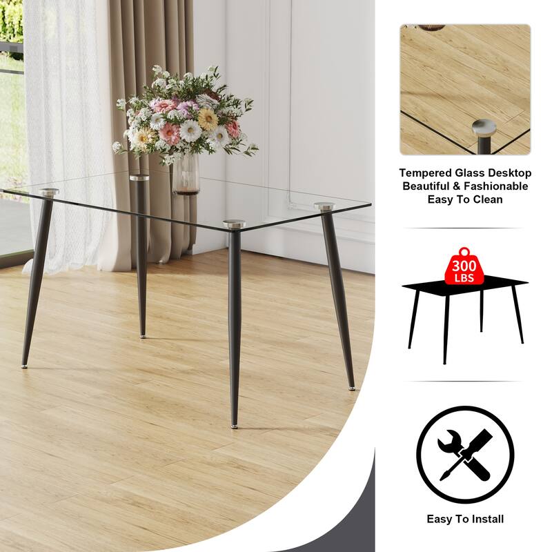 Modern Rectangular Glass Dining Table, Suitable For 4-6 People, Equipped With Tempered Glass Tabletop And Metal Legs