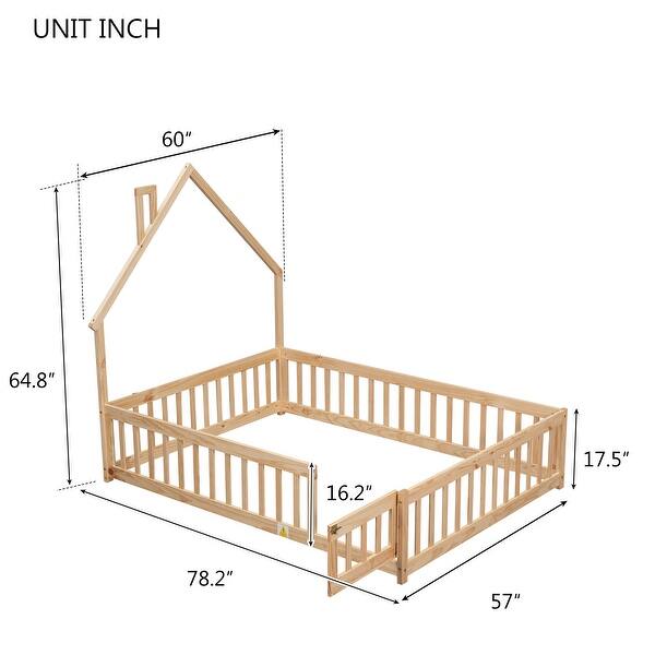 dimension image slide 1 of 3, Full Size Pine House-Shaped Headboard Floor Bed with Fence