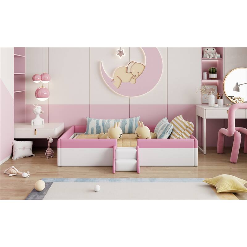 Roomfitters Twin/Full/Queen/King Size Upholstered Daybed Frame with Safety Fence and Stairs, PU Fabric Platform Bed with Slats