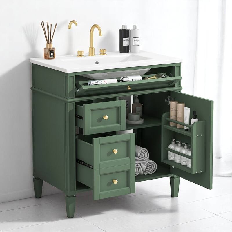 Modern 30 Inch Bathroom Vanity with Top Sink, Soft-Close Doors, Hidden Storage, and Drawer Organizer
