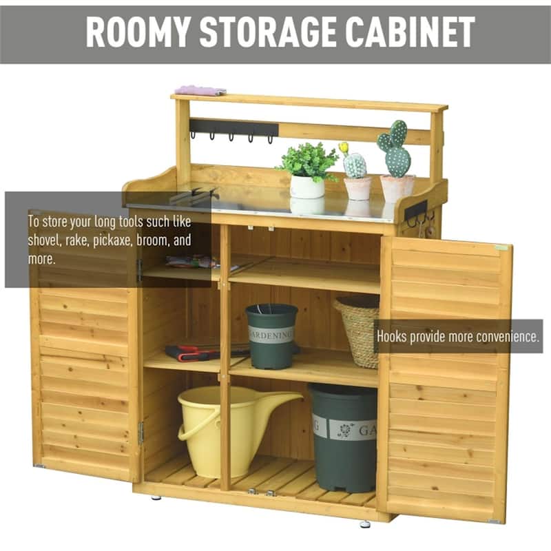 Yellow Fir Wood Outdoor Storage Shed with 3-Tier Shelves and Doors - 34.25" L x 17.75" W x 47.25" H