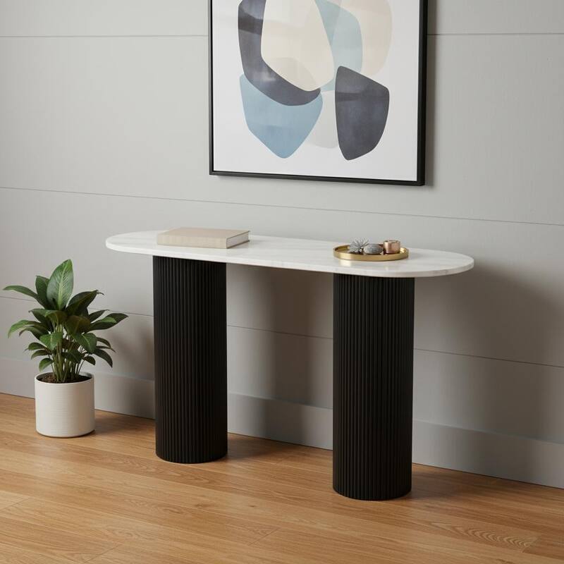 HomeRoots 52" White and Black Genuine Marble and Solid Wood Oval Double Pedestal Console Table - White