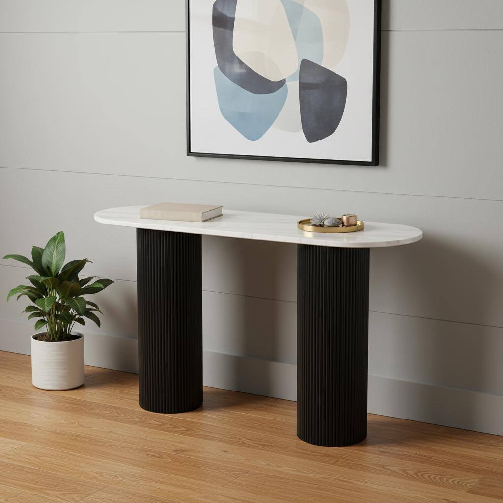 HomeRoots 52" White and Black Genuine Marble and Solid Wood Oval Double Pedestal Console Table