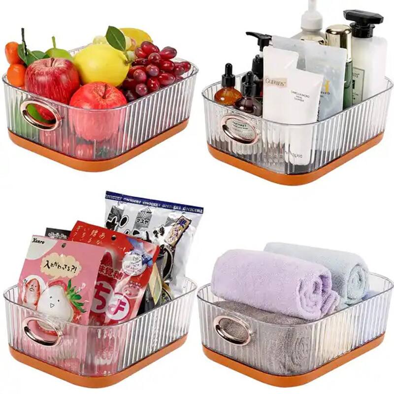 VECELO 4-Pack PET Storage Bins with Handles 2-Size Set with Orange Trim for Bathroom Kitchen Pantry Clear Plastic Storage Boxes - Set of 4 - 3.94'Height