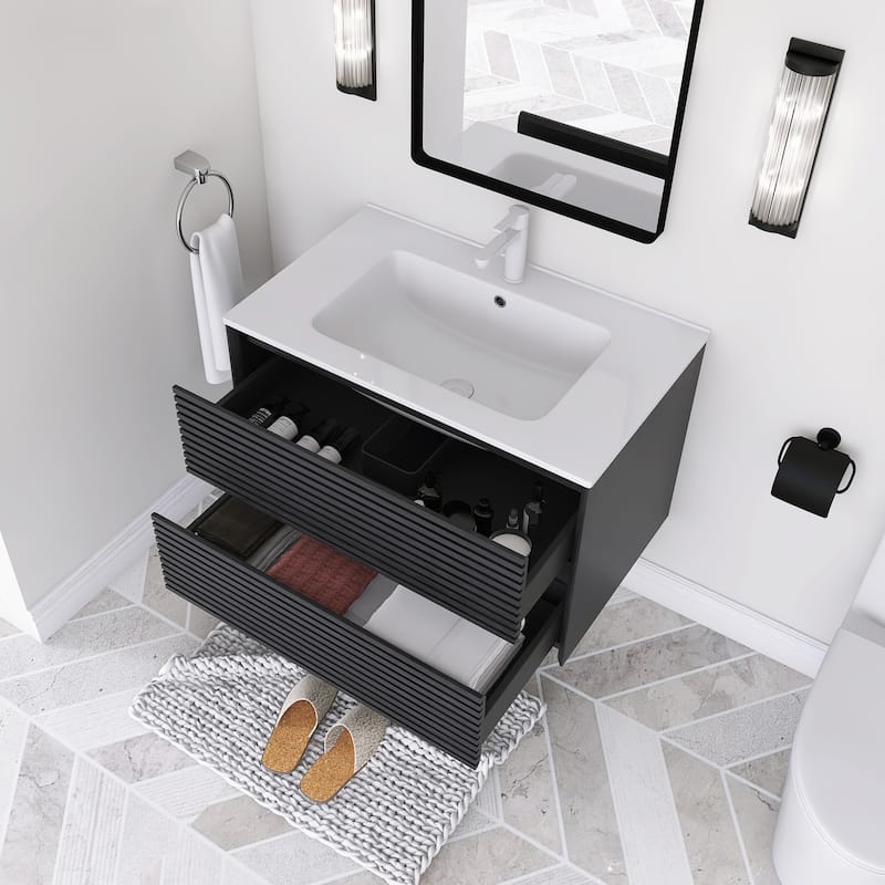 Wall-Mounted Bathroom Vanity with White Ceramic Sink
