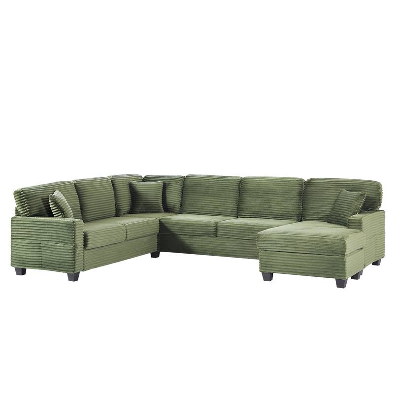 U Shaped Sectional Sofa with 1 Movable Ottoman, Corduroy Upholstered 6 Seater Sofa, Corner Sofa with Storage Pockets