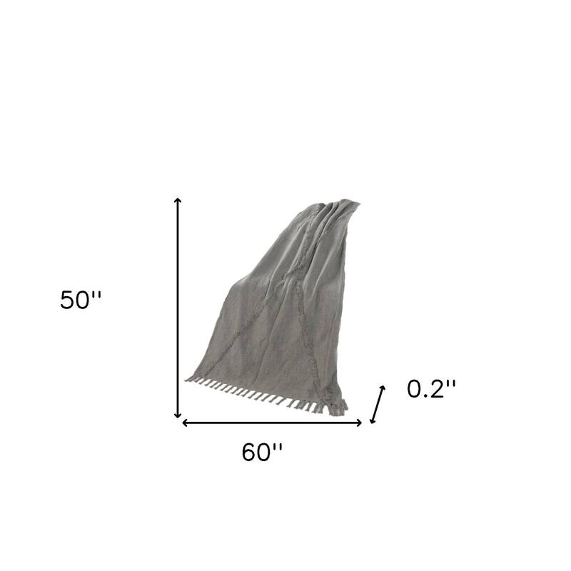 HomeRoots 50" X 60" Gray Woven Cotton Throw Blanket with Fringe