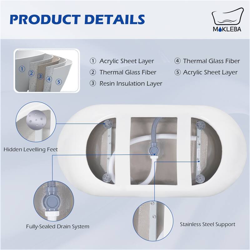 70 in. Acrylic Flatbottom Non-Whirlpool Bathtub Freestanding Soaking Center Drain in White