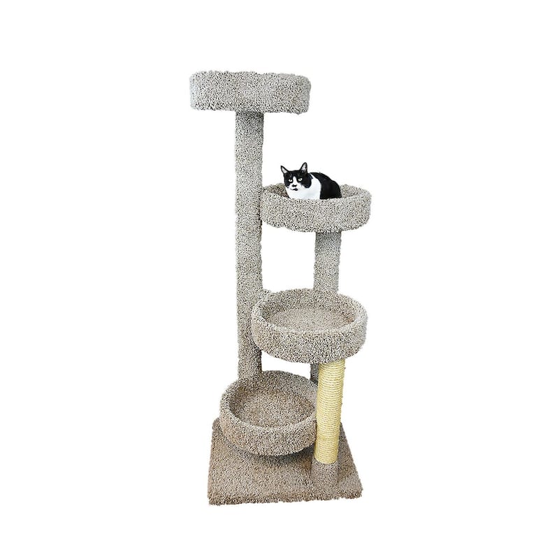 61" Large Cat Tree Tower with Four Wide Perches, Carpeted Surfaces and Sisal Posts for Active Cats