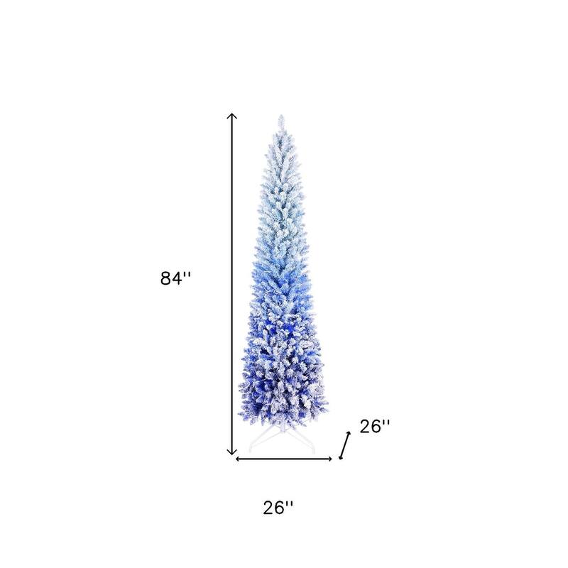 HomeRoots 7' Blue And White Pre Lit Slender Flocked Fir Christmas Tree - Green - 26.00 in. x 84.00 in. x 26.00 in.