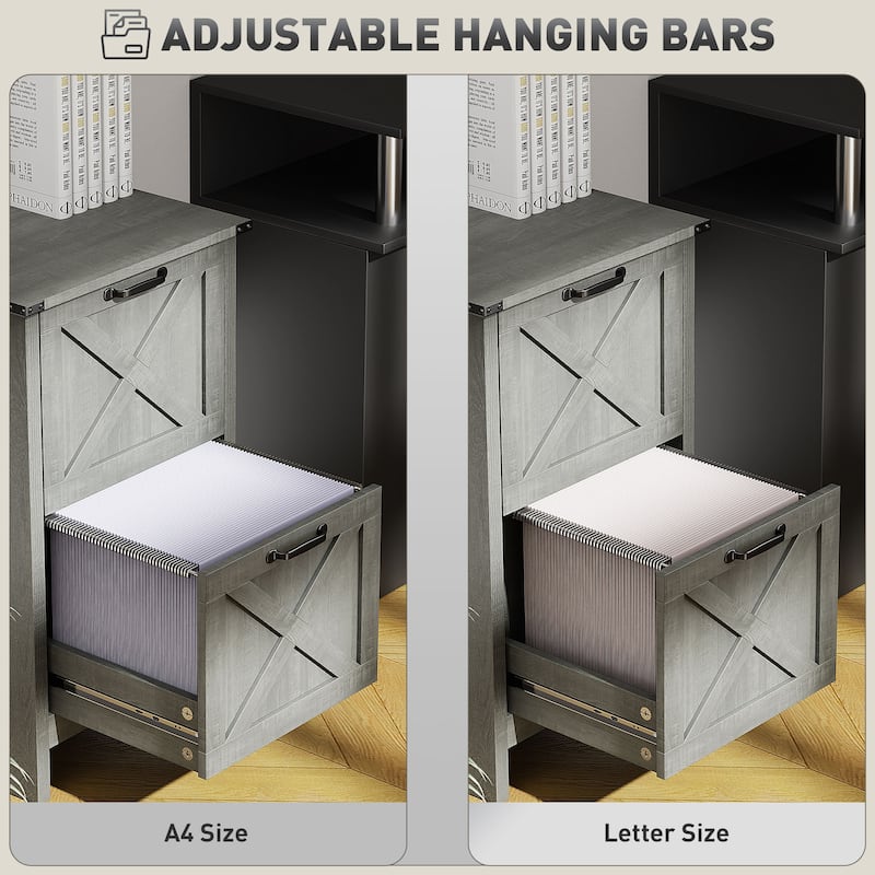 HOMCOM 2 Drawer Vertical File Cabinet with Silent Slides,Farmhouse Filing Cabinet with Barn Doors for A4/Letter Size