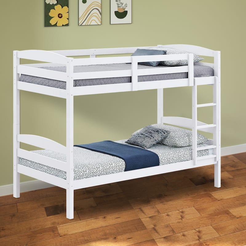 Modern White Solid Wood Twin Over Twin Bunk Bed with Ladder