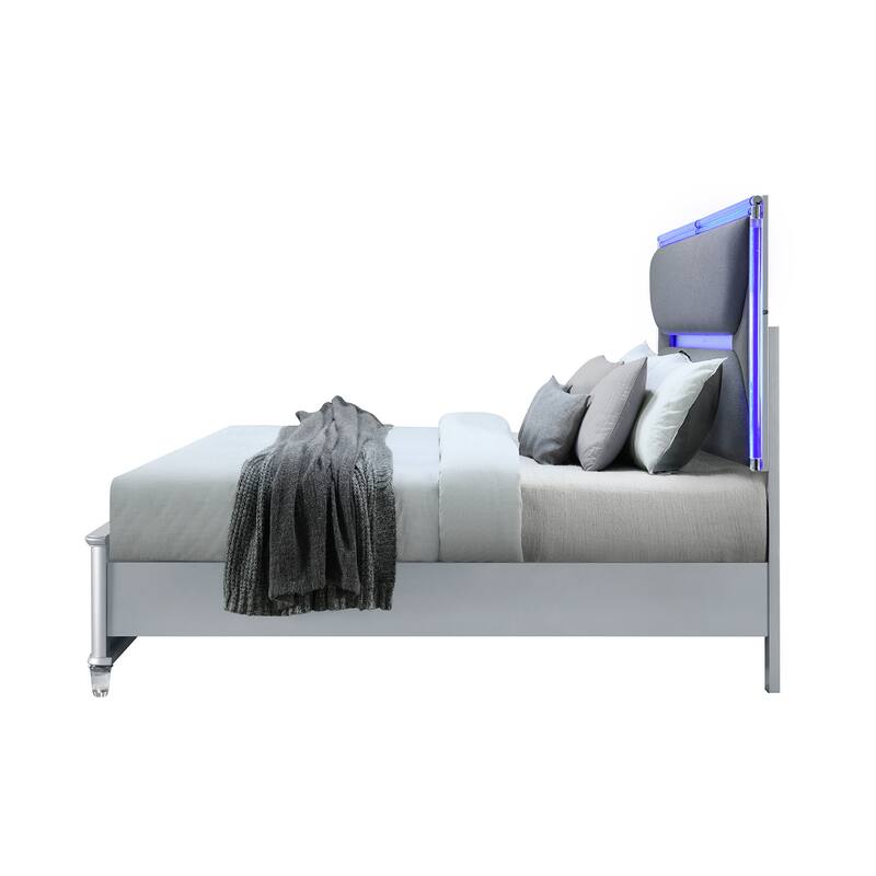 HomeRoots Silver and Gray Wood And Upholstery Lighted Queen Bed Frame