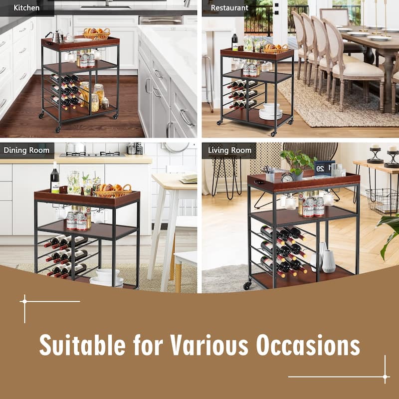 3 Tier Storage Bar Serving Cart with Wine Rack - 28" x 18" x 36.5" (L x W x H)